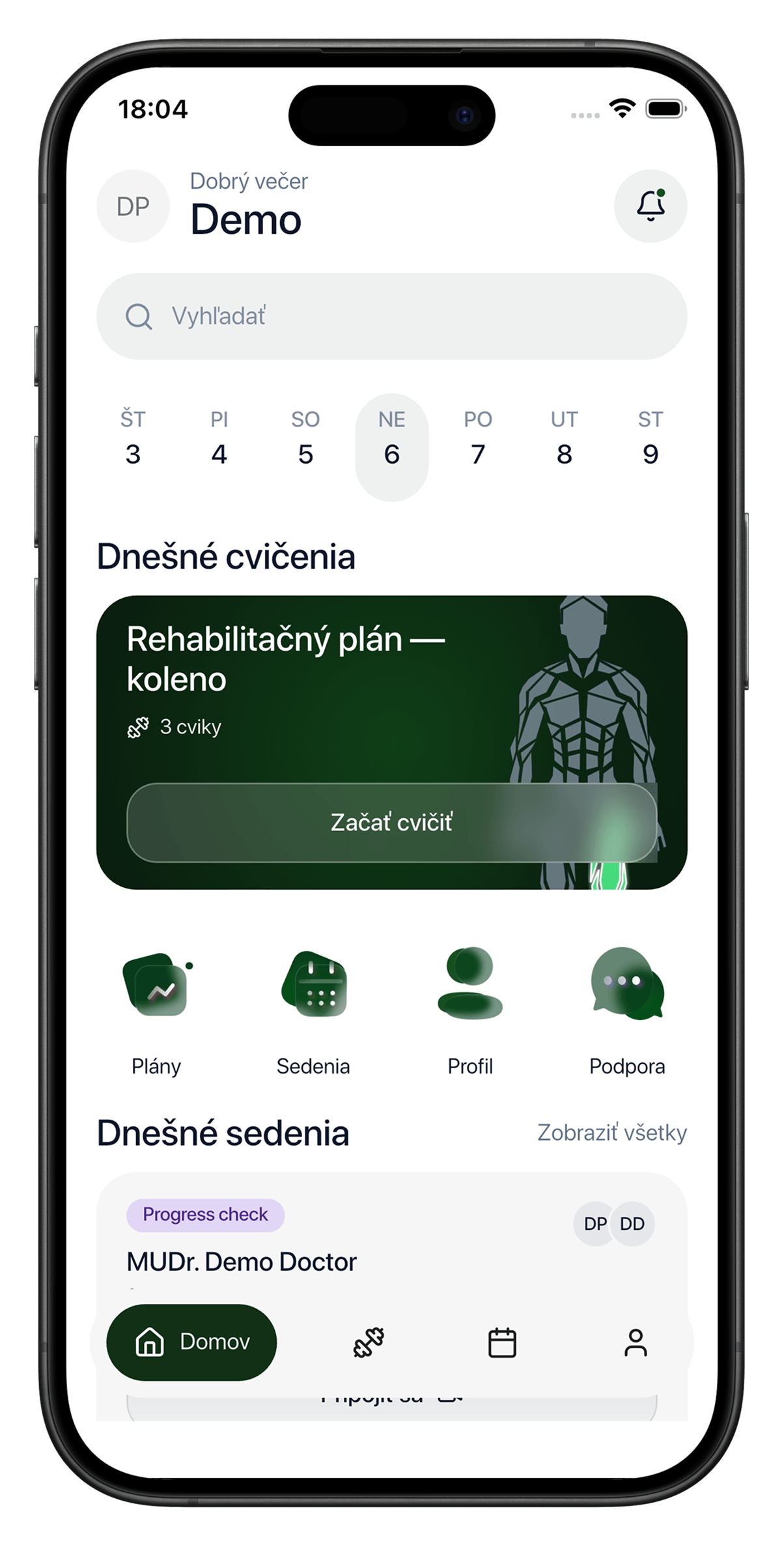 Rehabot – domovská obrazovka mobilnej aplikácie